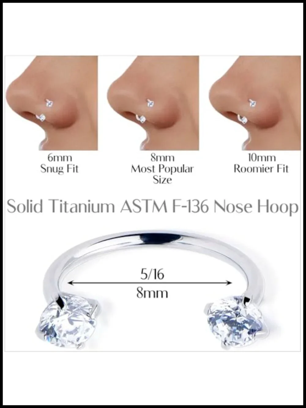 Titanium Horseshoe Nose Ring 20G - Internally Threaded with CZ Ends